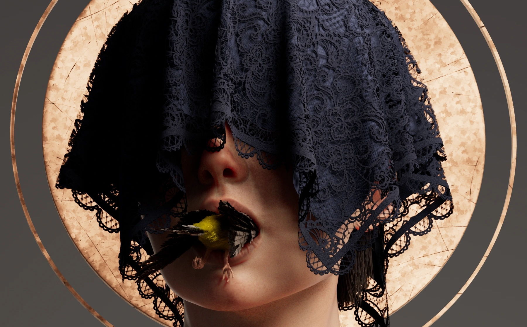 A digital sculpture of a woman draped in black lace, cropped at the shoulders, holding a goldfinch in her mouth. Its wings and feet are visible outside her lips.